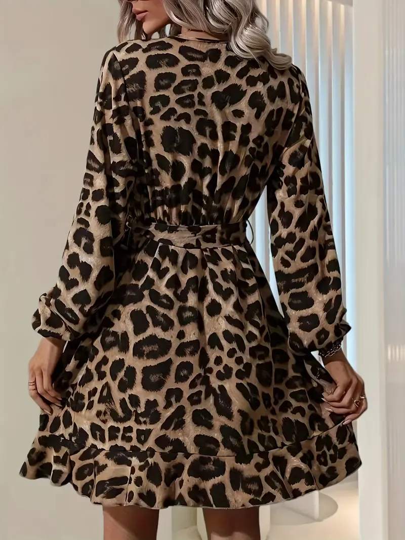 Elegant Leopard Print V-Neck Belted Dress, Polyester Ruffle Hem Lantern Sleeve Midi Dress for Women, All-Season Woven A-Line Animal Pattern Dress