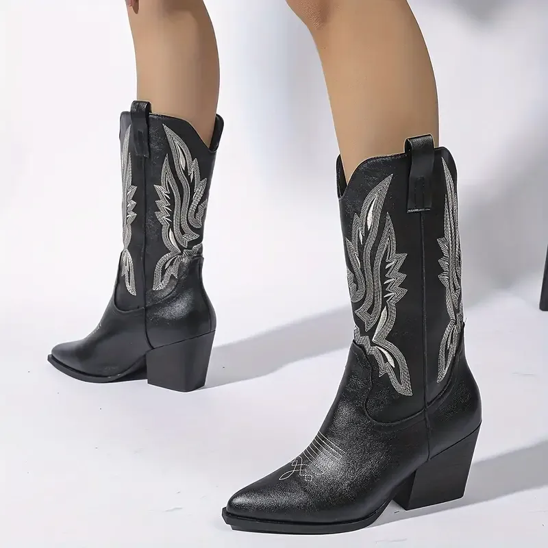 Chic Embroidered Western Cowboy Boots for Women - Fashionable Pointed Toe, Chunky Heel Mid-Calf Riding Boots with V-Cut Design, Slip-On PU Cover