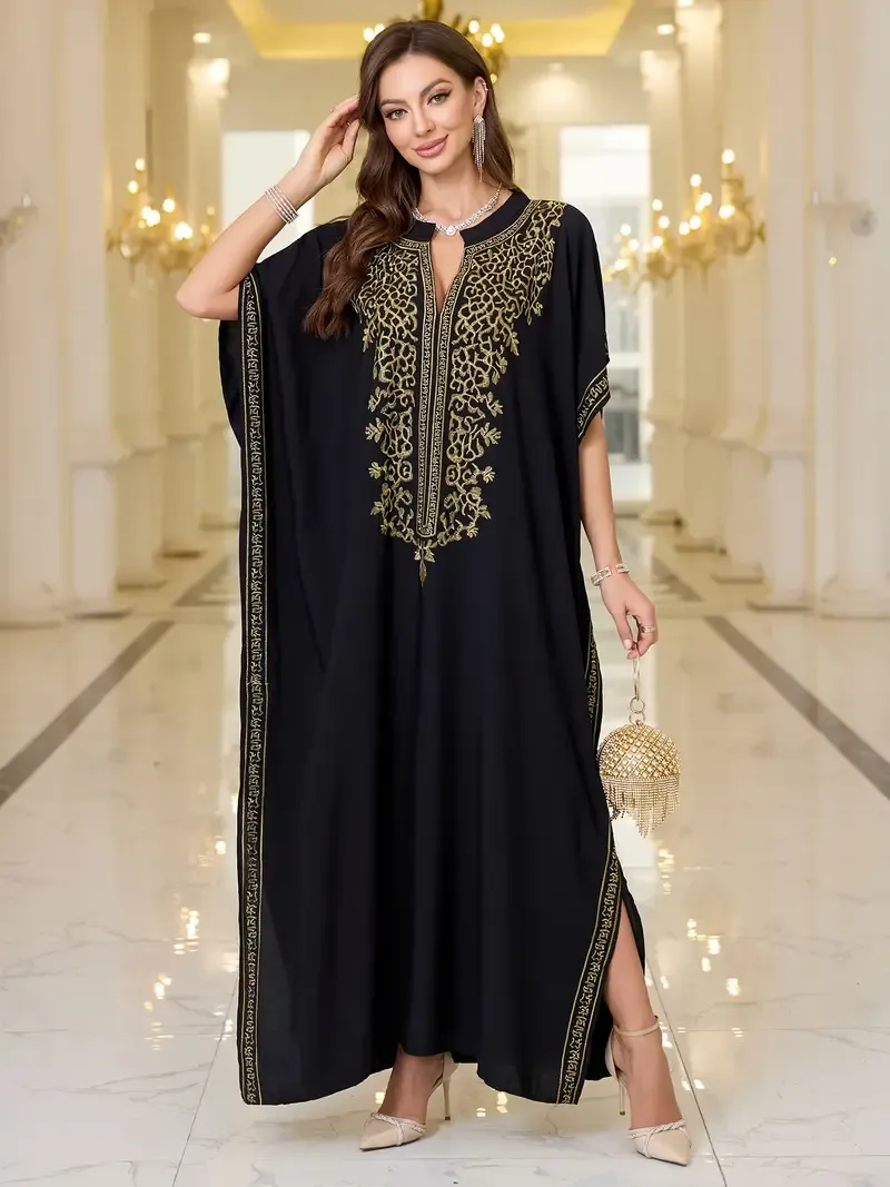 Elegant Boho Kaftan Dress - Embroidered, V-Neck with Batwing Sleeves & Side Slits | Comfortable Beach Cover-Up for Women