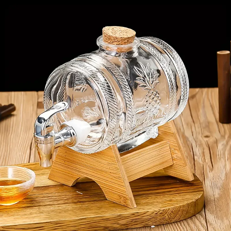 Thickened Transparent Glass Barrel with Spigot: 1000Ml Capacity, ABS Base, And Cork Stopper - Perfect for Serving Beverages at Parties Or Gatherings