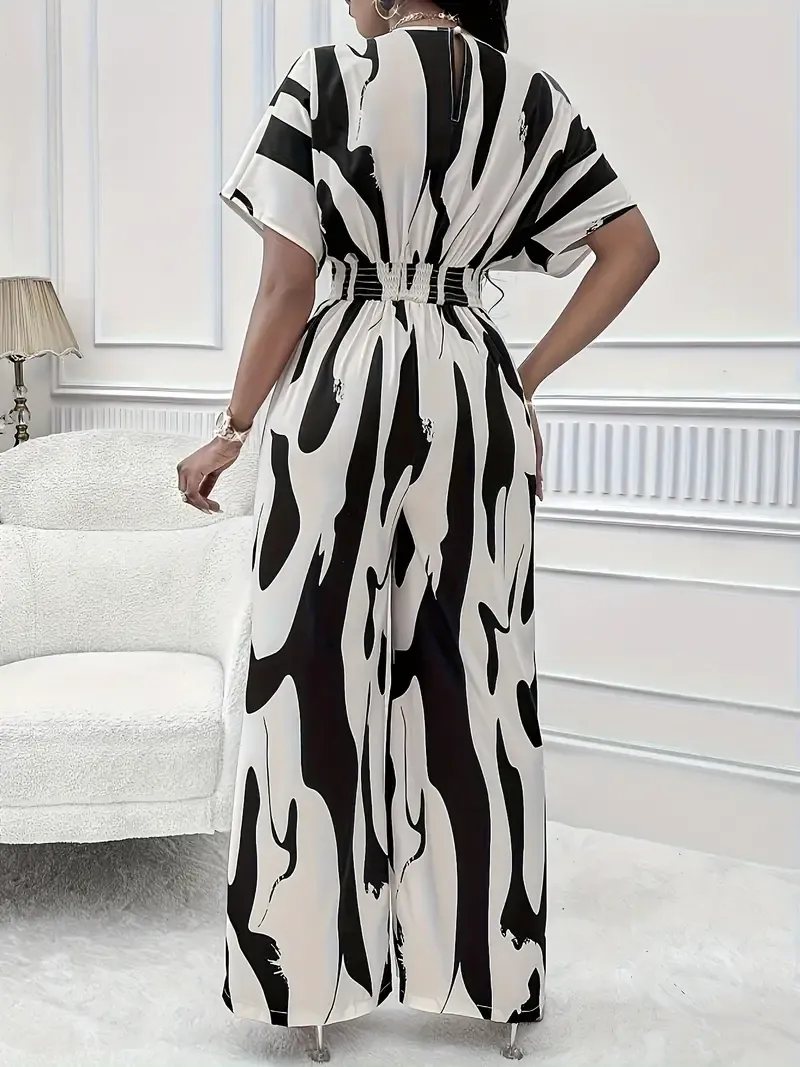 Allover Print V Neck Jumpsuit, Elegant Short Sleeve Wide Leg Jumpsuit, Women's Clothing