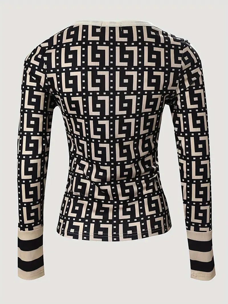 Geo Print Button Front T-Shirt, Casual Contrast Trim Long Sleeve T-Shirt For Spring & Fall, Women's Clothing