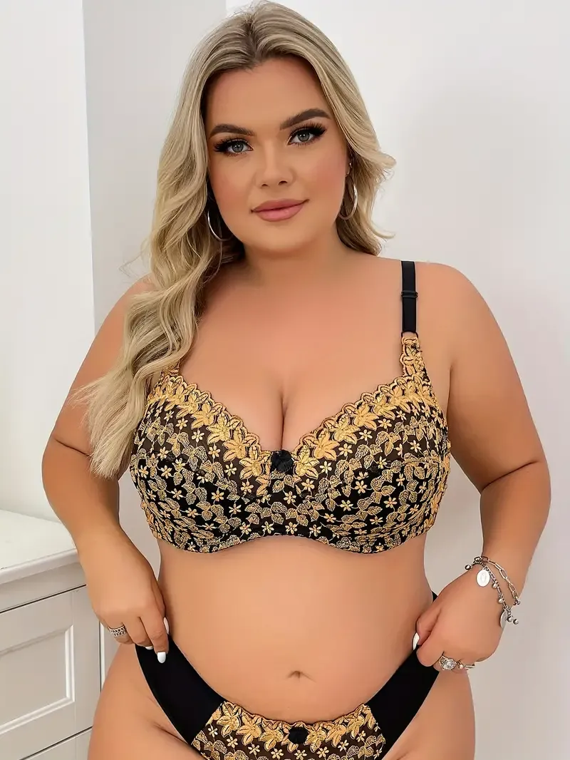 Women's Plus Sexy Bra, Plus Size Bow Decor Floral Embroidery Non Padded Underwire Bra