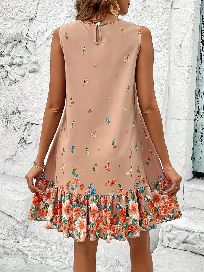 Vibrant Floral Print Crew Neck Tank Dress