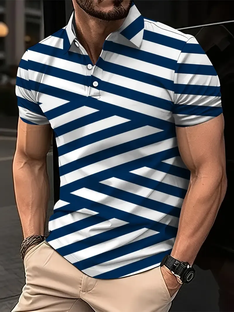 Men's Fashion Blue And White Striped Digital Print Golf Shirt, Short Sleeve Lapel Tennis Tees, Casual Comfortable Versatile Tops For Summer Outdoor Sports
