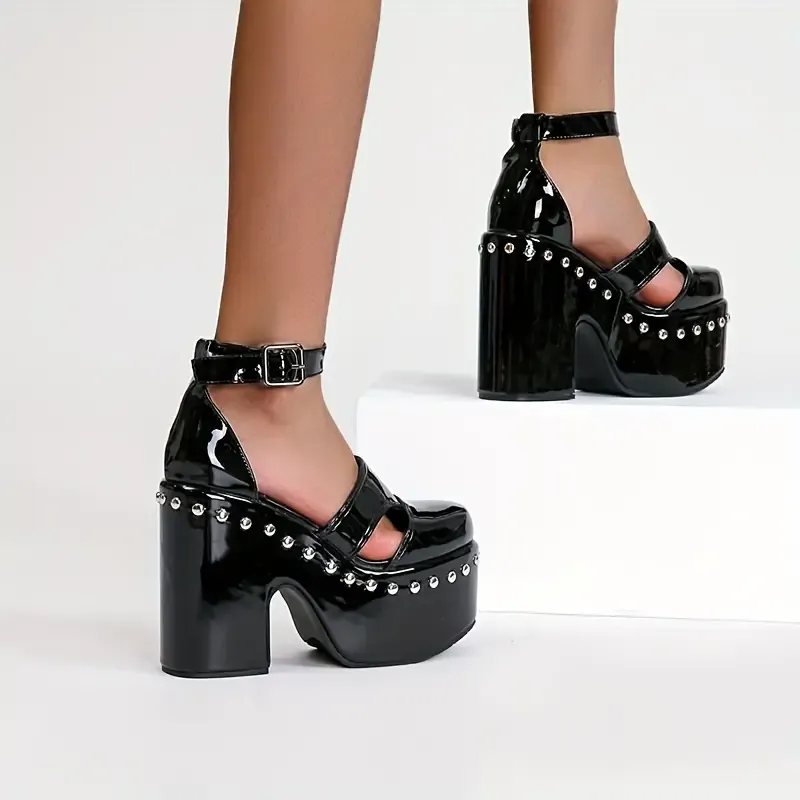 Stylish Metal Bead Embellished Block Heel Pumps