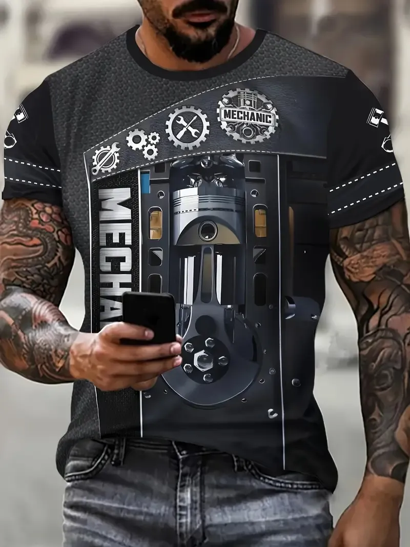 Mechanic Themed 3D Graphic Print Men's Novelty Short Sleeve Crew Neck T-shirt, Summer Outdoor