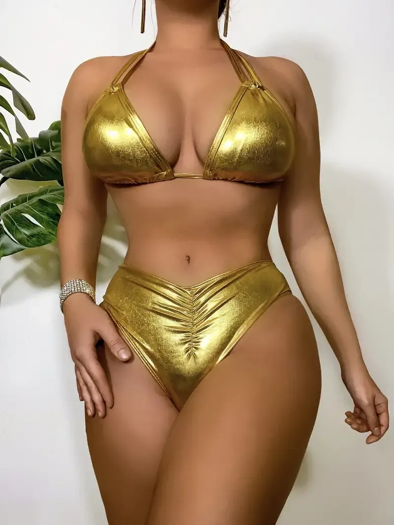 🔥🔥Hot Sale Promotion -Plain Golden Plain Metallic Color Glossy Fabric 2 Piece Set Bikini, Ruched High Stretch Halter Y2K Party Style Swimsuits, Women's Swimwear & Clothing Carnaval for carnival & Music Festival Triangle Top