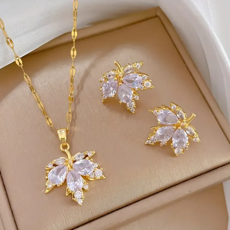 1 Pair Zirconia Inlaid Copper Jewelry Set: Stud Earrings + 1 Pc Necklace with Golden Maple Leaf Design, Vintage Elegant Style, Trendy Female Gift