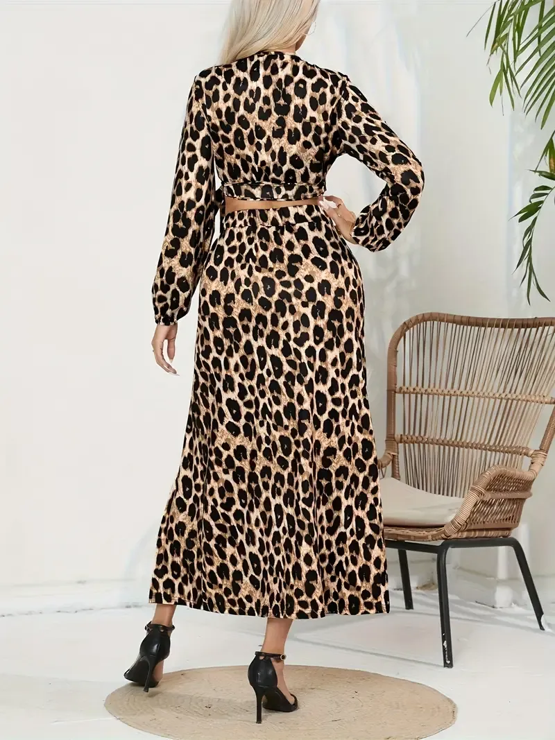 Leopard Print Matching Two-piece Set, Long Sleeve Knot Crop Top & Split Thigh Maxi Skirt Outfits, Women's Clothing