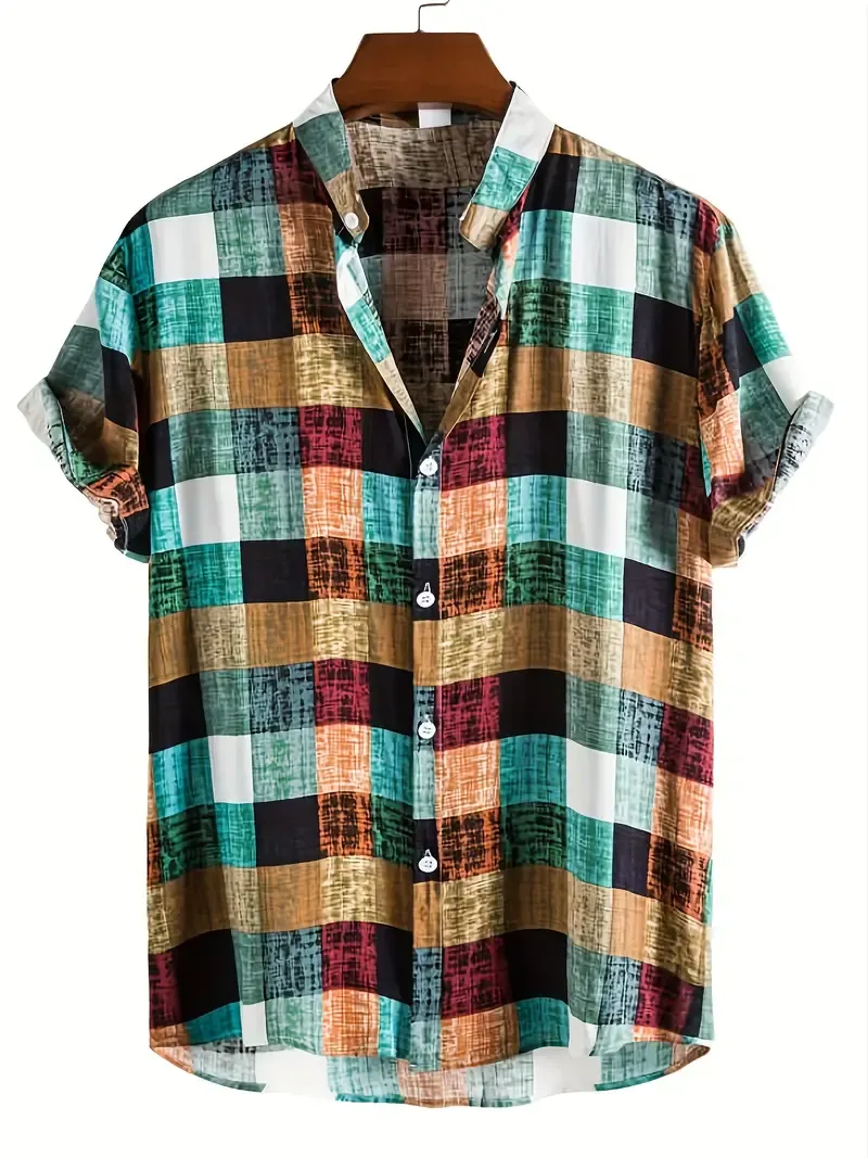 Plaid Men's Shirt Top Turn-Down Collar Short Sleeve Closure Male Casual Shirt For Men Daily Vacation Streetwear