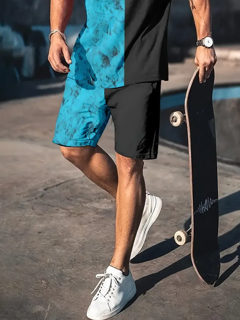 Men's Funny Cup Pattern Graphic Print T-shirt & Shorts Set For Summer, Contrast Color 2Pcs Outfits
