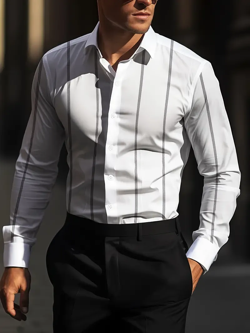 Men's Elegant Striped Tuxedo Dress Shirt - Polyester 100%, Sophisticated Mature Style with Lapel Collar, Button Detailing, Slight Stretch, Skinny Fit, Woven, Versatile for All Seasons