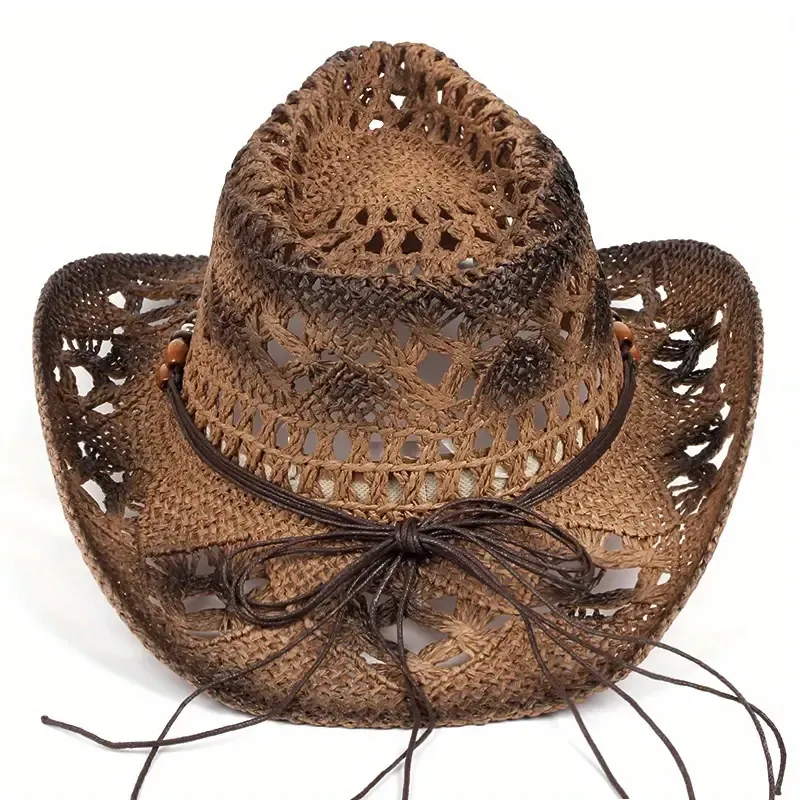 Summer Wide Brim Women's Western Cowboy Hat with Beaded Hatband, Hollow Out Straw Sun Protection Hat for Beach Festival