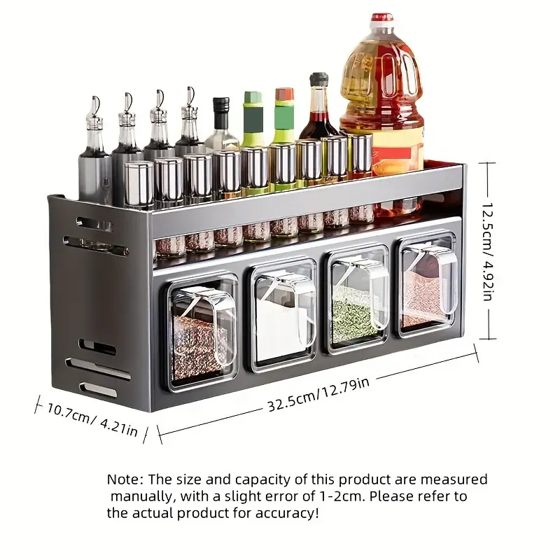 1pc Durable Aluminum Wall-Mounted Kitchen Organizer with Seasoning Containers and Jars - No-Drill Installation for Home and Restaurant Use