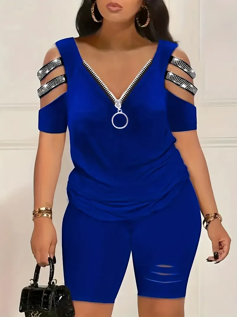 Women's Casual Rhinestone Embellished Cut Out Sleeve V Neck Top and Ripped Shorts - Fashionable