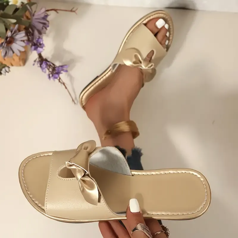 Women's Bowknot Decor Slide Sandals, Casual Open Toe Flat Summer Shoes, Lightweight Slide Sandals