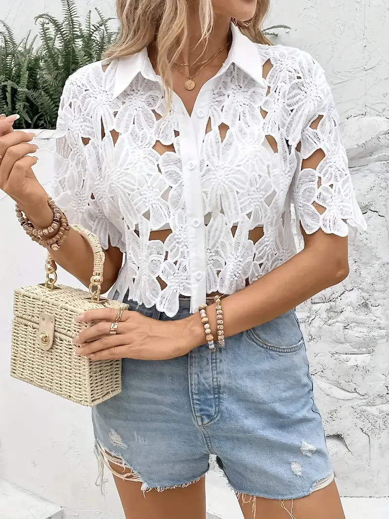 Casual Short Sleeve Crop Collared Guipure Lace Button Front Shirt for Spring & Summer, Women's Clothing