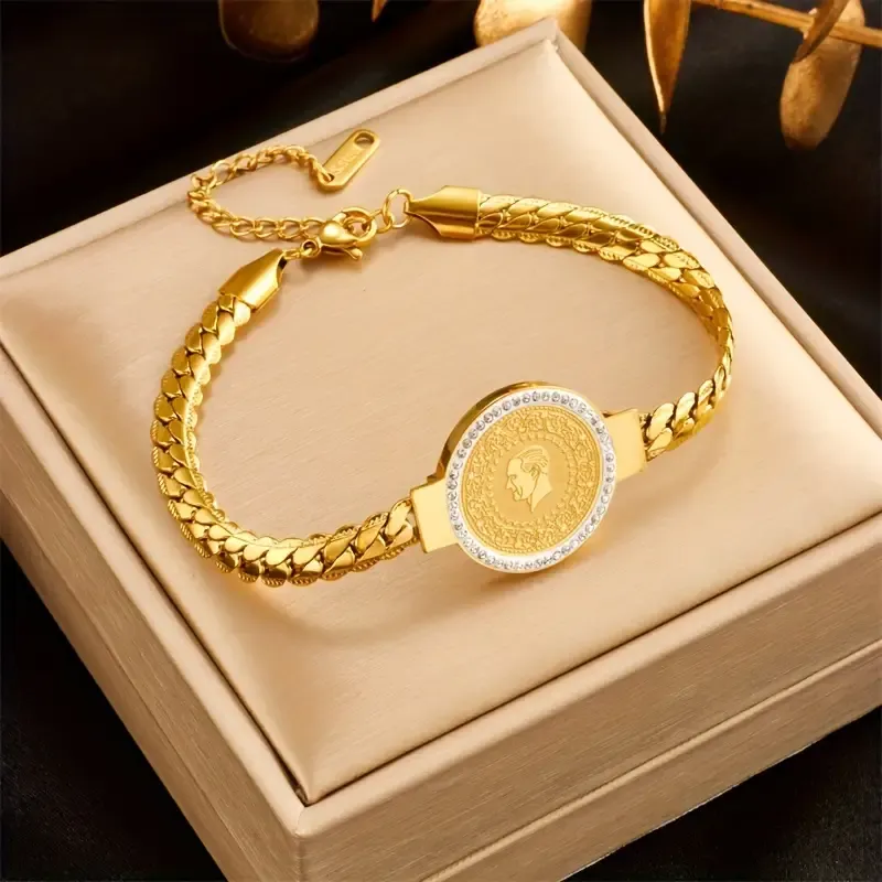 1pc Fashion Stainless Steel Coin Bracelet, Creative golden Plated Head Coin Design Bracelet, Banquet Party Elegant Jewelry For Men Women