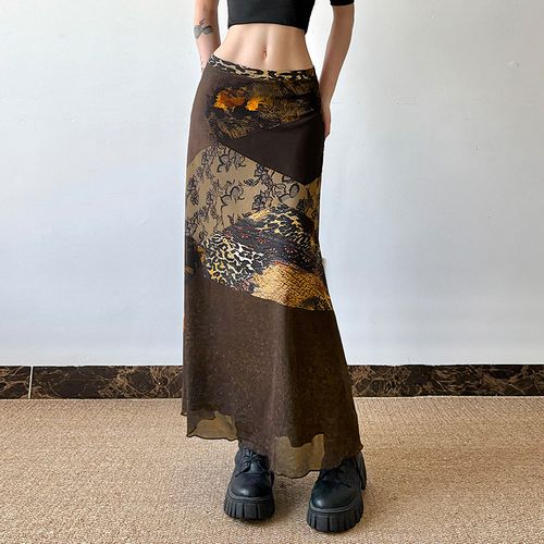 Retro print color-blocked net fabric patchwork low-waist straight A-line midi skirt in long length