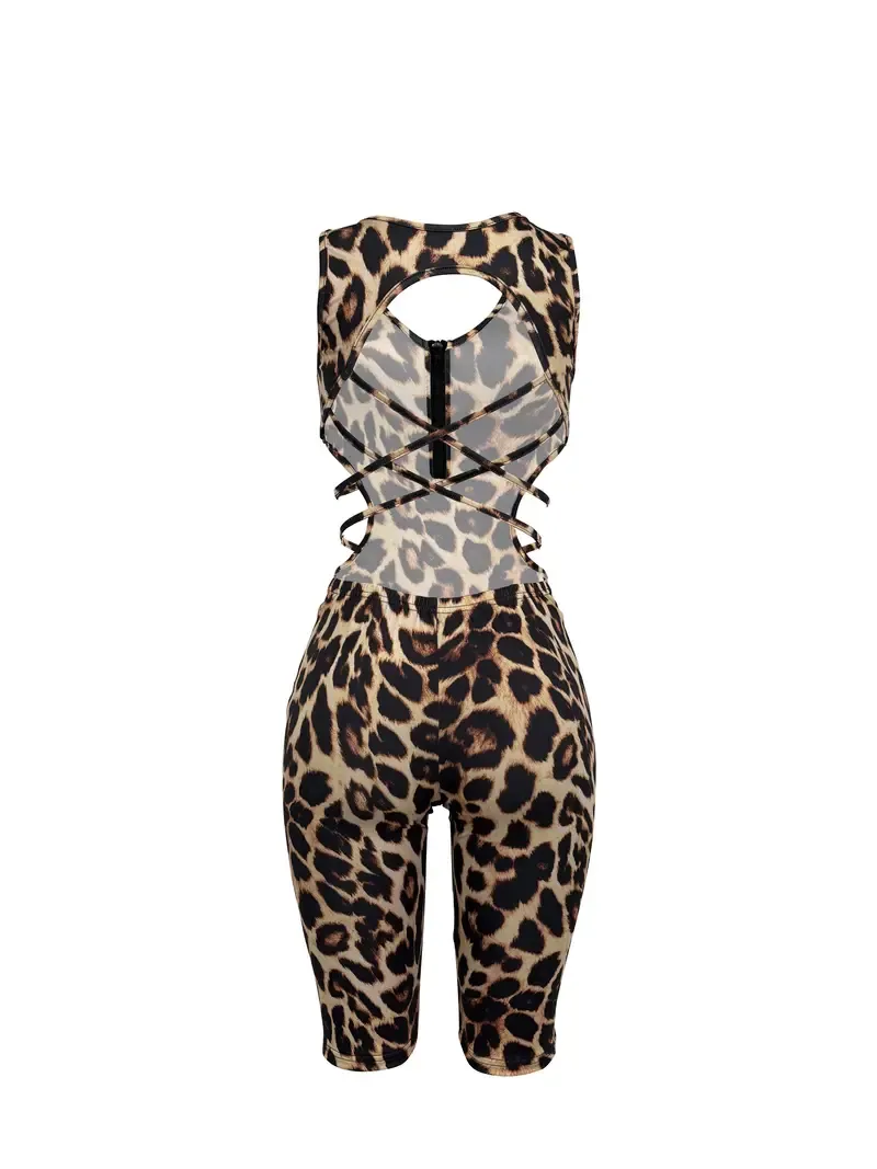 Leopard Print Zip V Neck Romper Jumpsuit, Sexy Sleeveless Cross Backless Skinny Romper Jumpsuti, Women's Clothing