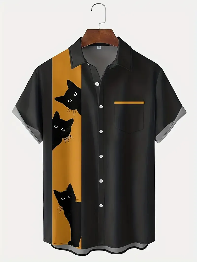 Halloween Black Cats Print Color Block, Men's Summer Short Sleeve Lapel Shirt With Chest Pocket
