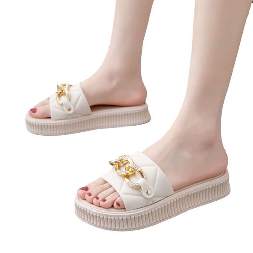 Women's Chain & Rhinestone Decor Sandals, Casual Slip On Platform Summer Shoes, Comfortable Beach Shoes