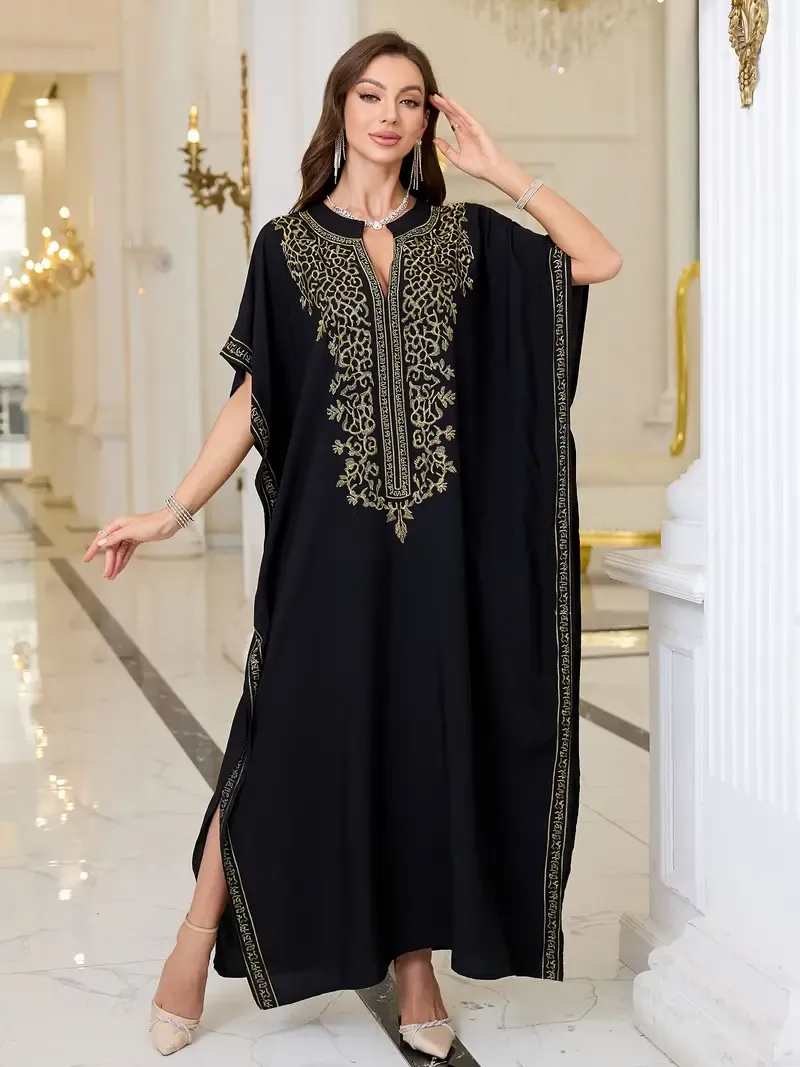 Elegant Boho Kaftan Dress - Embroidered, V-Neck with Batwing Sleeves & Side Slits | Comfortable Beach Cover-Up for Women