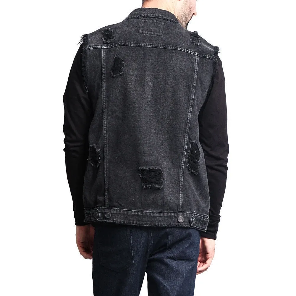 New Mens Denim Vest Ripped Jean Jacket