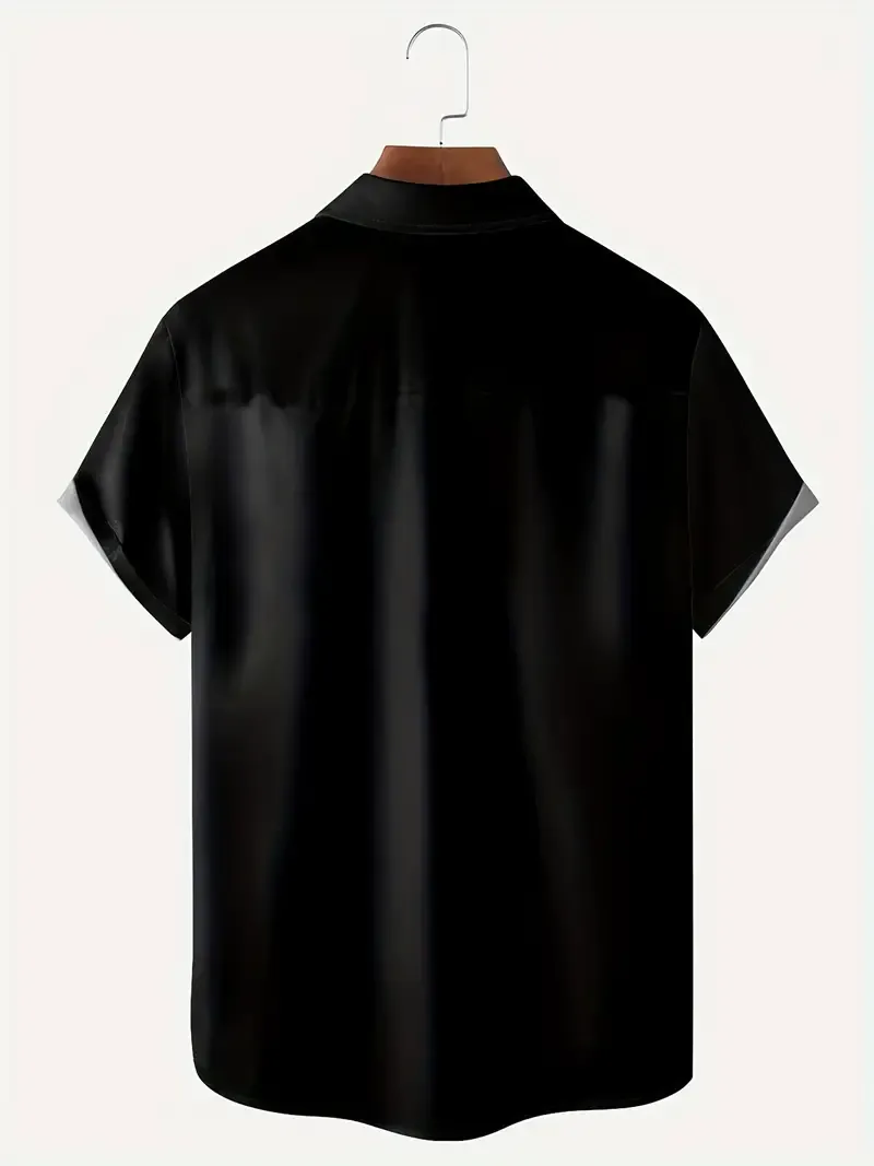 Halloween Black Cats Print Color Block, Men's Summer Short Sleeve Lapel Shirt With Chest Pocket