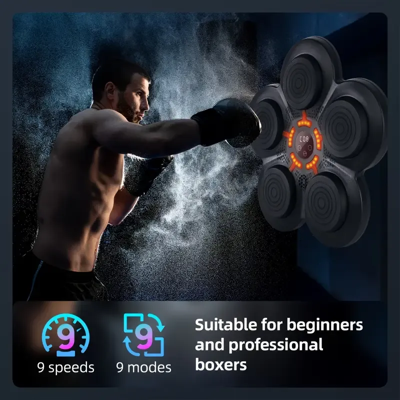 Smart Interactive Boxing Trainer Set, Wall-Mounted Punching Machine with USB Charging, Rhythm Lighting Effects, and Stereo Speakers, for Gym-Style Workouts, Punch-Free Installation, Adjustable Height, Includes Music Connectivity Feature, Suitable for Users Aged 14 and Up - Black