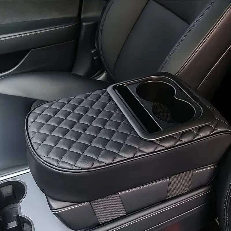Fit Faux Leather Car Armrest Cushion with Cup Holder & Phone Storage - Multifunctional Booster Pad for All Seasons