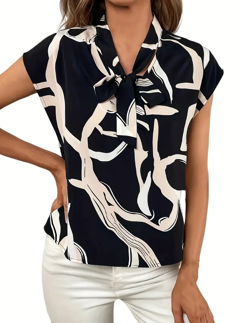 Allover Print V Neck Blouse, Elegant Short Sleeve Tie Front Top For Spring & Summer, Women's Clothing