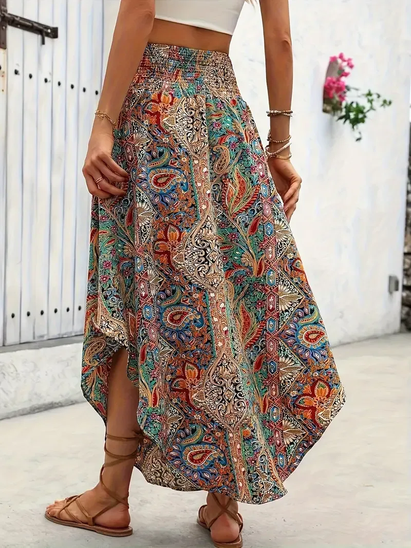 Paisley Print Shirred Waist Skirt, Boho High Waist Curved Hem A-line Tie Skirt For Spring & Summer, Women's Clothing