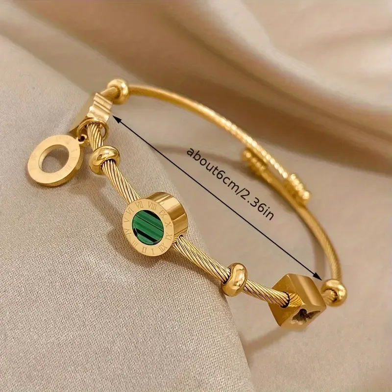 1pc Retro Punk Style Stainless Steel Adjustable Bangle, Golden Color With Elegant Green Stone & Roman Numerals, Trendy Party Daily Wear, Ideal Valentine's Day & Christmas Jewelry Gift For Women