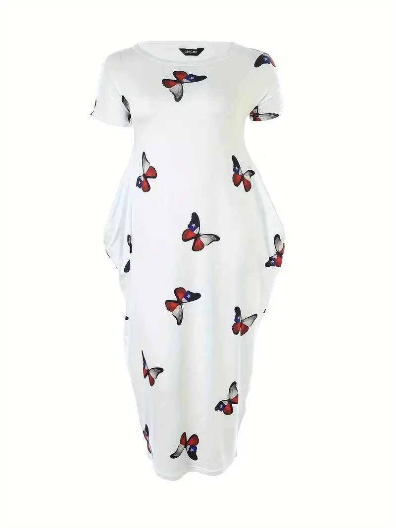 Casual Butterfly Print Lounge Dresses, Short Sleeve Round Neck Baggy Home Dress, Women's Loungewear & Dresses
