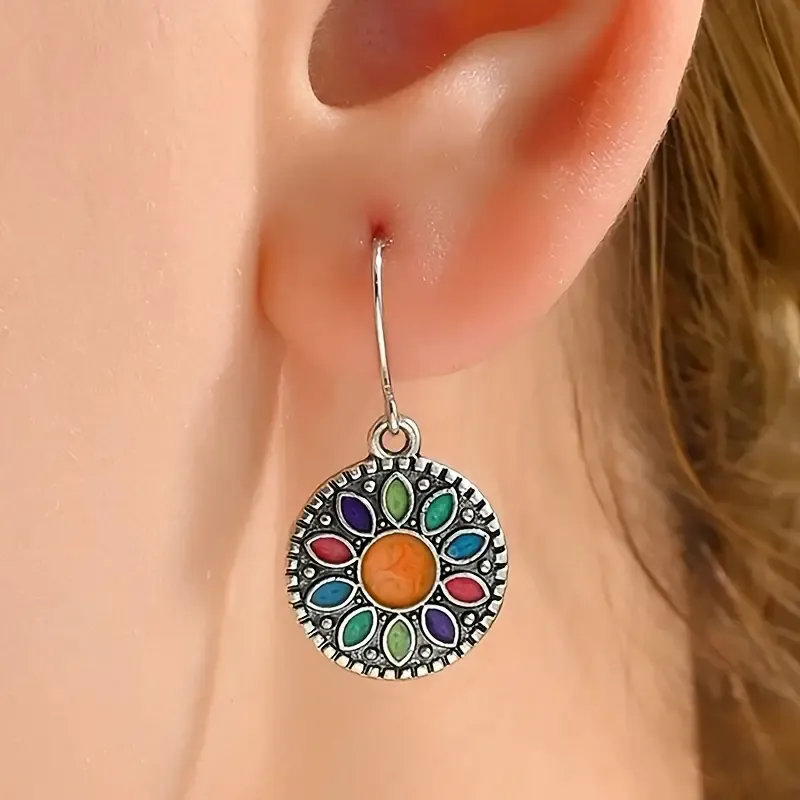 🔥🔥Hot Sale Promotion -Vintage Round Oil Drop Flower Dangle Earrings For Women, Alloy & Copper Earring Set, Retro Elegant Jewelry For Daily Wear