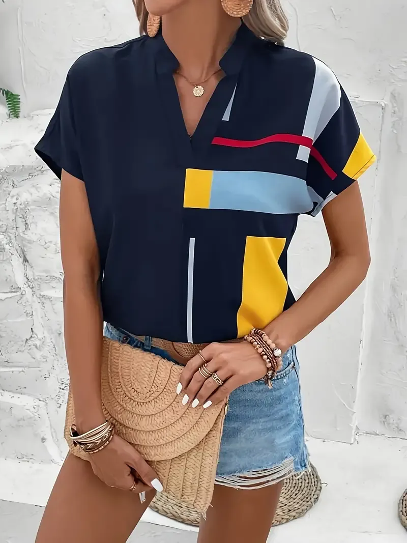 Color Block Notch Neck Blouse, Casual Short Sleeve Blouse For Spring & Summer, Women's Clothing