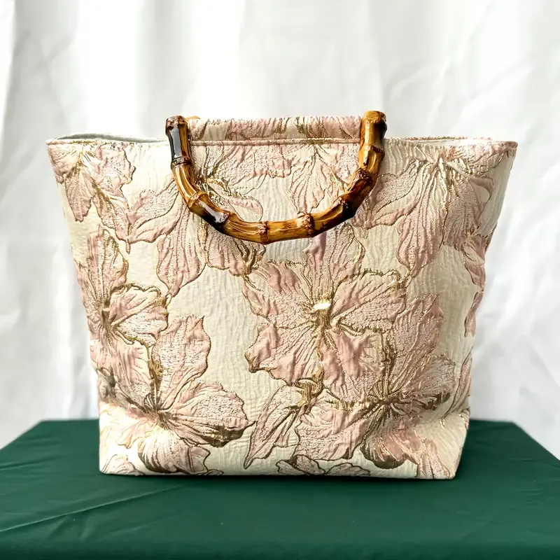 Double-Sided Floral Embroidery Bamboo Woven Tote Bag, Lightweight & Spacious, Stylish & Elegant Handbag With Adjustable Strap
