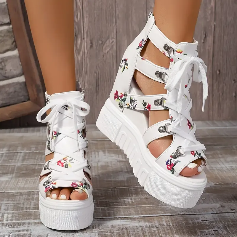 Women's Floral Vintage Sandals, Back Zipper Platform Hollow Lace Up Shoes, Summer Breathable Wedge Holiday Shoes