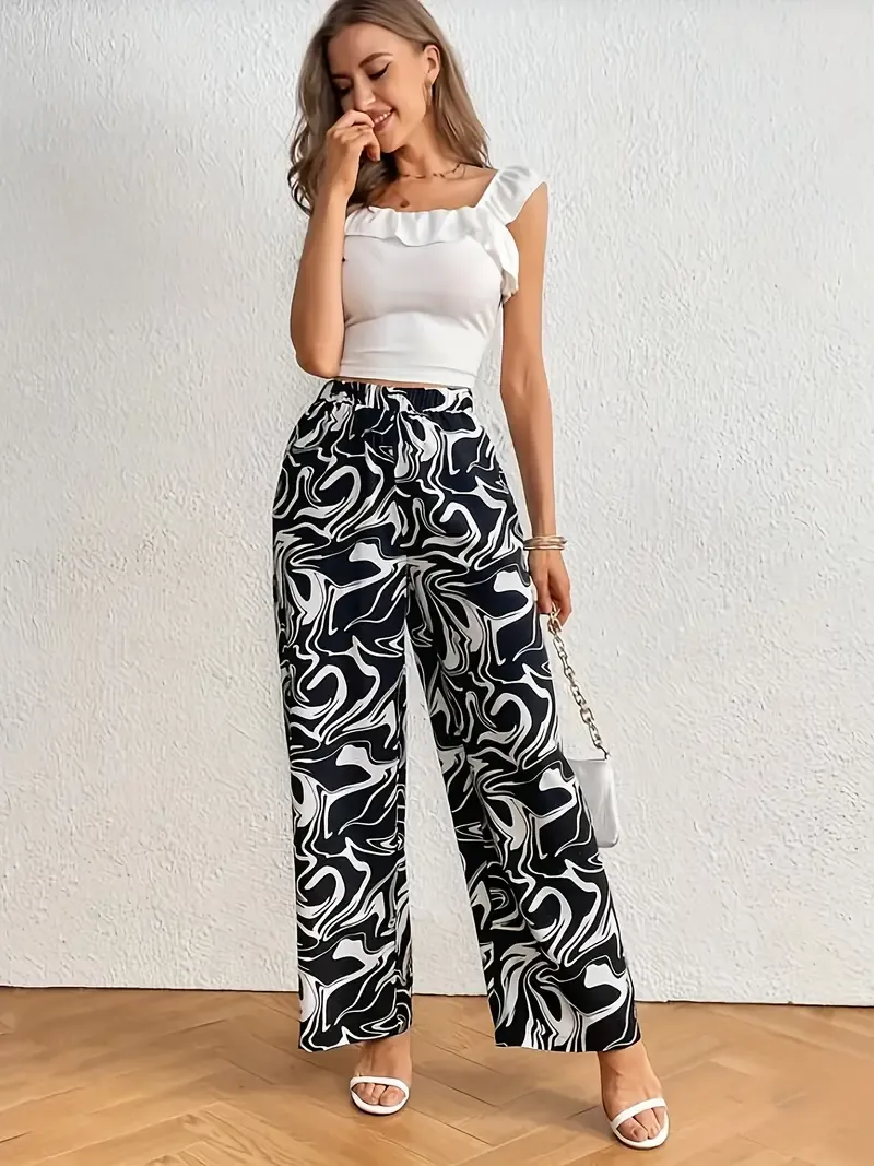 Marble Print Wide Leg Pants, Casual High Waist Loose Pants, Women's Clothing