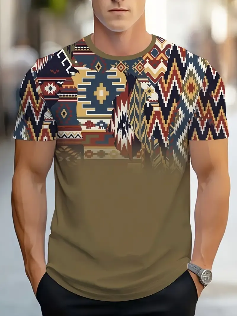 Men's Casual Fashion Geometric Print T-Shirt, 100% Polyester, Crew Neck, Regular Fit, Knit Fabric with Slight Stretch