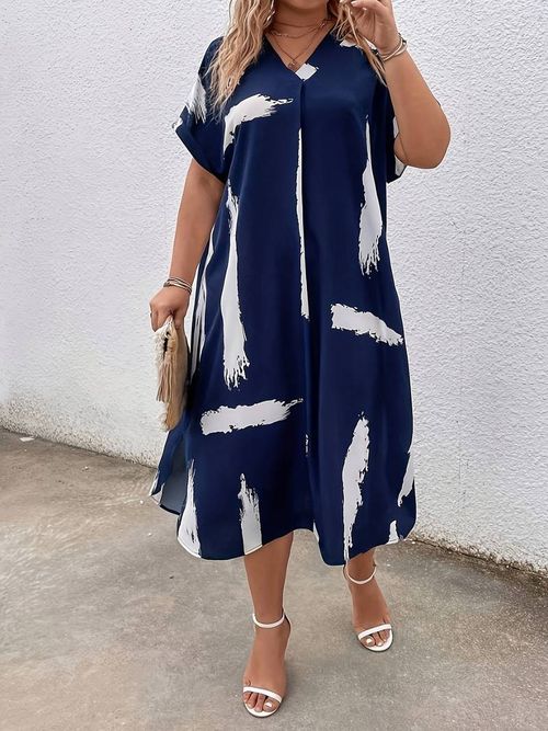 Plus Size Casual Dress, Women's Plus Brush Print Short Sleeve V Neck Slight Stretch Maxi Dress With Belt