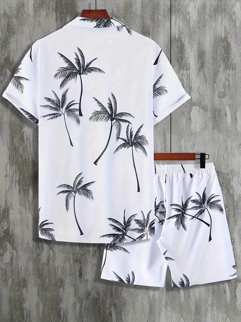 Men's 2-Piece Set, 3D Palm Tree Print, Summer Casual Short-Sleeve Collared Shirt & Drawstring Pocket Shorts
