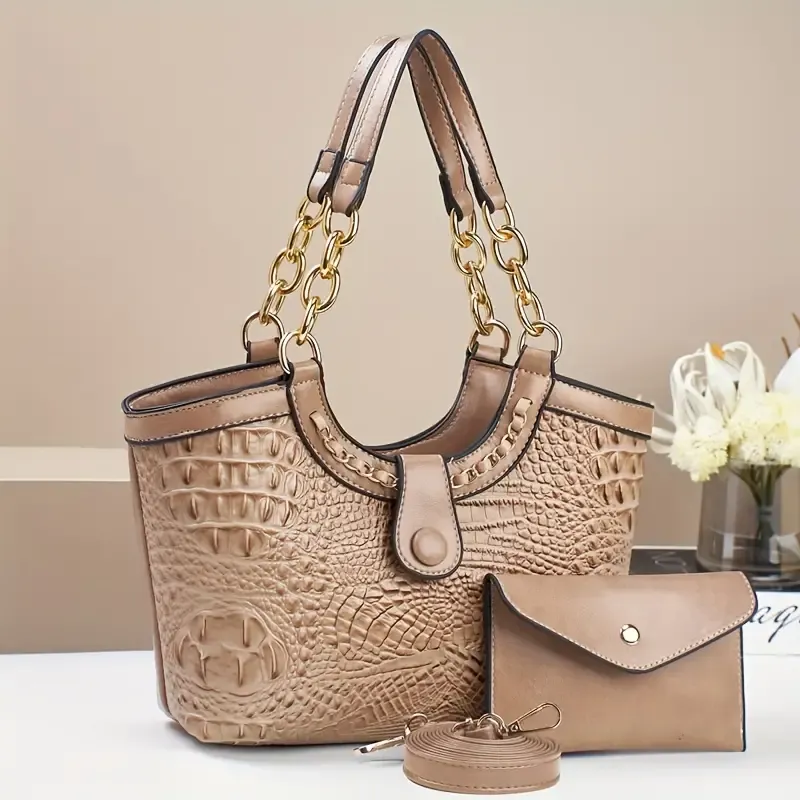 Vintage Crocodile Pattern PU Leather Tote Bag with Chain Shoulder Strap and Zipper Closure, Polyester Lined Women's Handbag with Edge Paint Detailing, Elegant Large Capacity Purse for Everyday Use