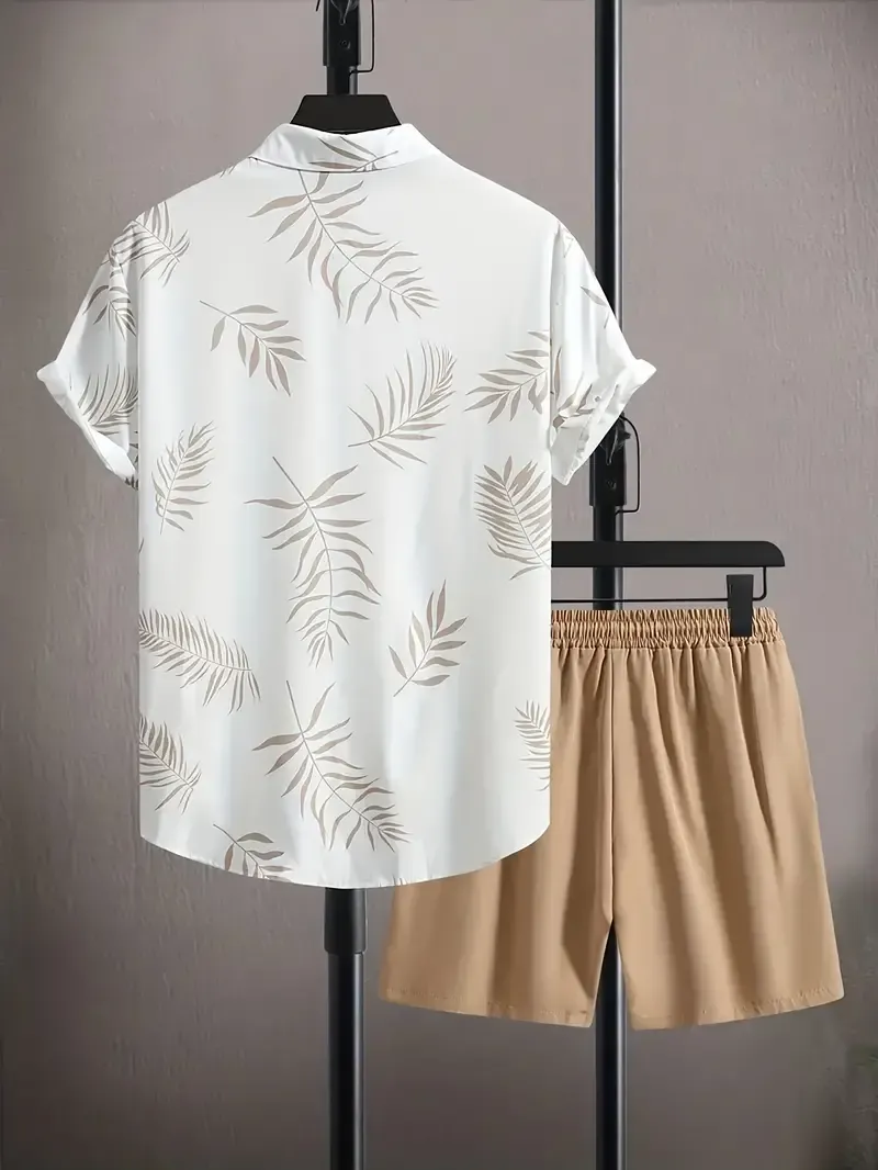 Men's Tropical Plants Print Short Sleeve Shirt & Shorts Set For Summer, Casual Trendy Hawaiian 2Pcs Outfits