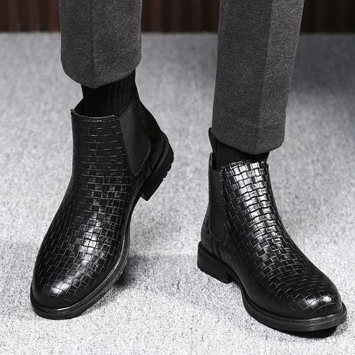 Men's woven texture Chelsea casual Martin boots, glossy high elasticity men's boots
