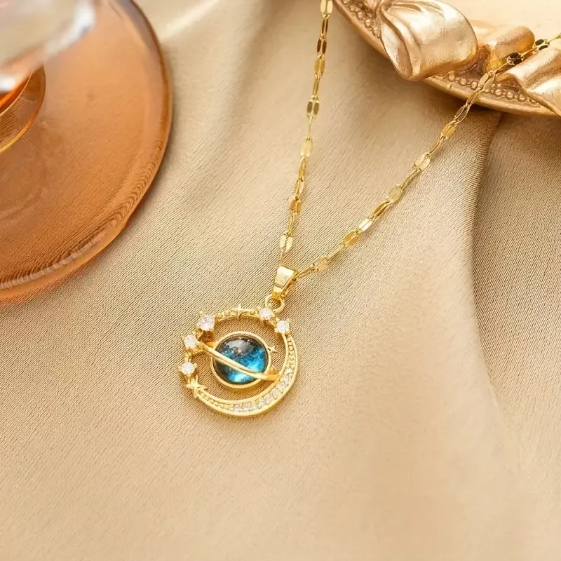 1pc Trendy And Fashionable Necklace, Starry Planet Gorgeous Pendant Stainless Steel Necklace, Suitable For Girls' Birthday Gifts