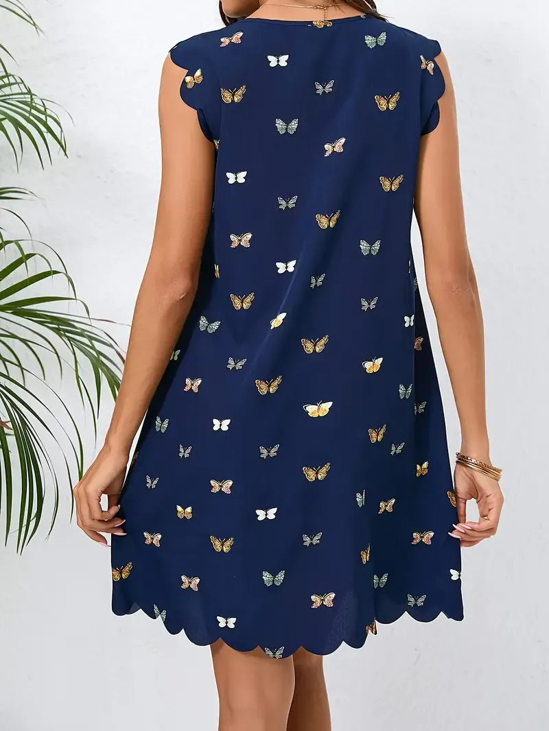 Butterfly Print Scallop Trim Dress, Versatile Cut Out Crew Neck Dress For Spring & Summer, Women's Clothing