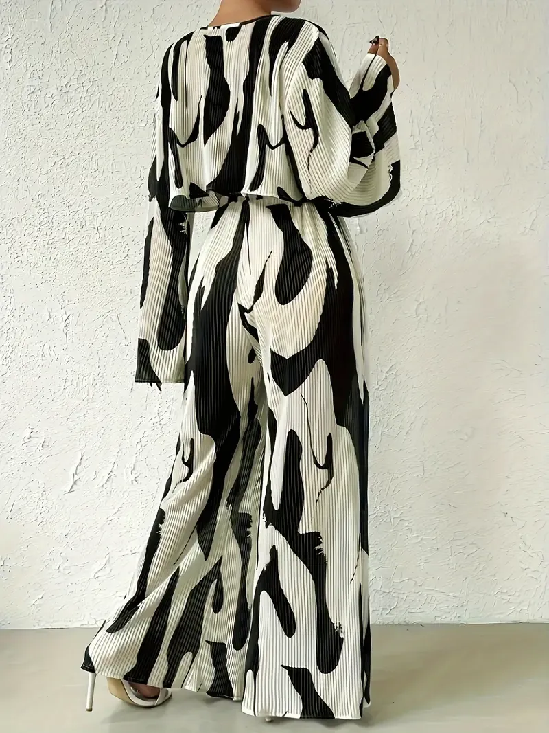 Long Sleeve Two Tone Elegant Pantsuit, Crew Neck Top & Wide Leg Loose Pants, Women's Clothing